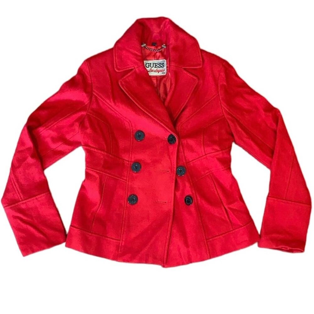 Guess Los Angeles 1981 Wool Blend Coat Size Medium Cherry Red Thick Collared EUC
